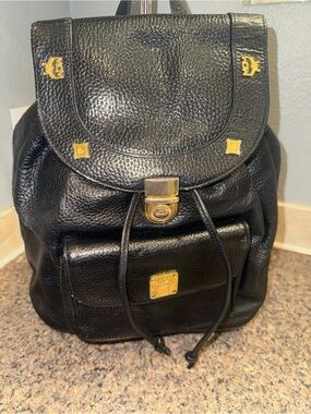 MCM Black Leather Drawstring Backpack EUC